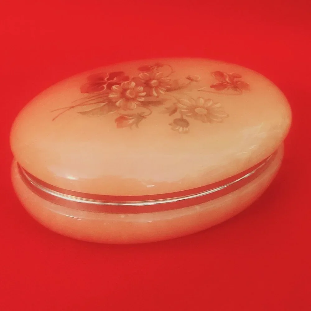 Vintage Alabaster Box Trinket Oval Hand Carved Hinged Lid Flowers Made in Italy
